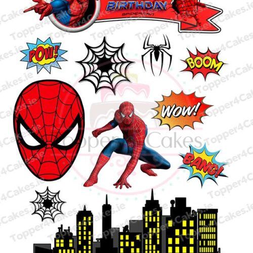 Celebrate with Spider-Man action decorations, comic words like POW! and BOOM!, plus Edible Pokemon Cutout Toppers (Copy) for a fun superhero and Pokemon mix against a city skyline with yellow-lit windows.
