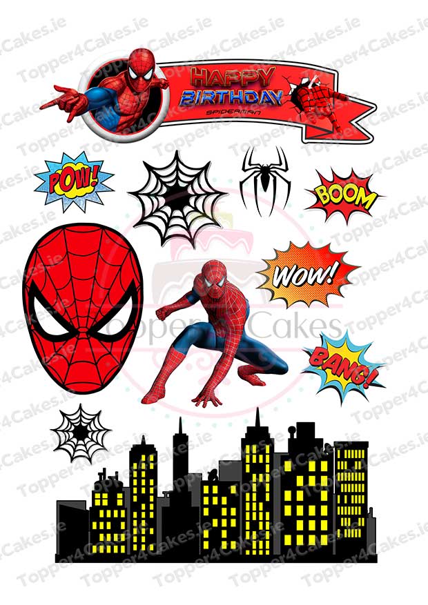 Celebrate with Spider-Man action decorations, comic words like POW! and BOOM!, plus Edible Pokemon Cutout Toppers (Copy) for a fun superhero and Pokemon mix against a city skyline with yellow-lit windows.