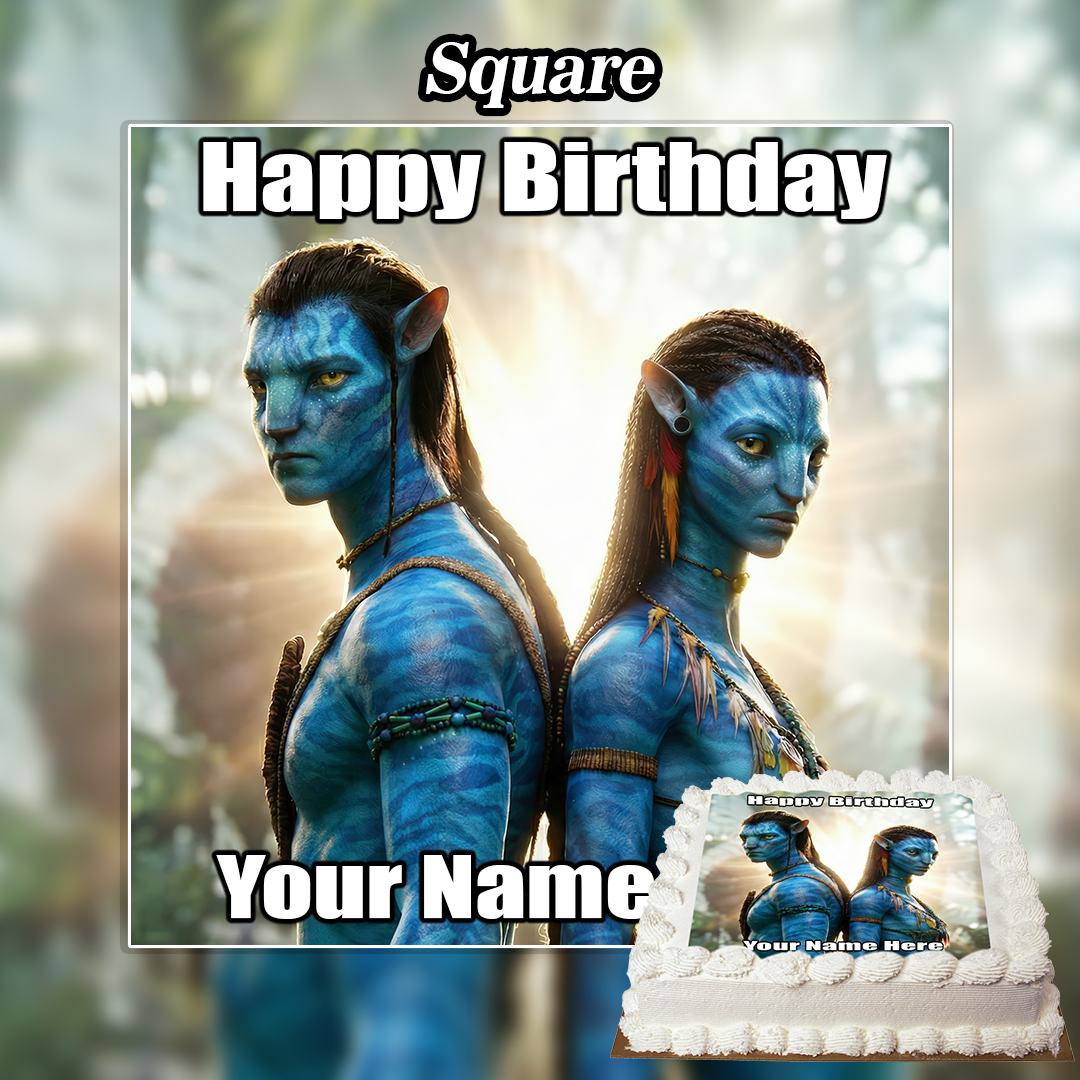 Two blue-skinned characters from Avatar stand back-to-back with "Happy Birthday Your Name" text. A birthday cake in the corner features an Edible Avatar Cake Topper displaying the same image and text.