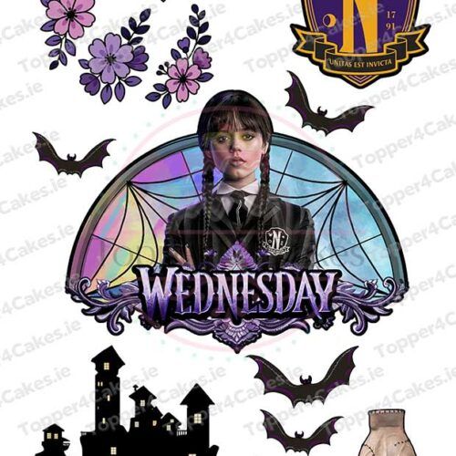 A collage with Wednesday Addams, bats, purple flowers, a gothic mansion, and a Nevermore Academy crest—perfect inspiration for your themed party using Edible Pokemon Cutout Toppers (Copy).
