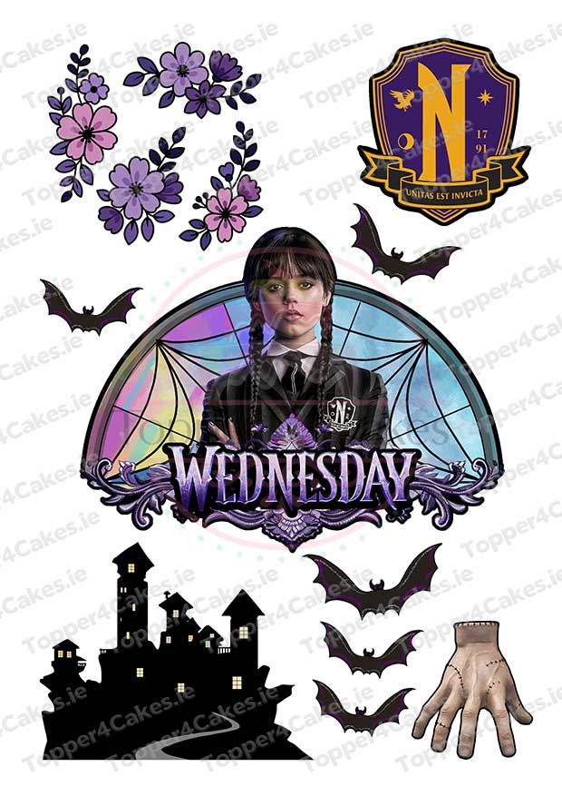 A collage with Wednesday Addams, bats, purple flowers, a gothic mansion, and a Nevermore Academy crest—perfect inspiration for your themed party using Edible Pokemon Cutout Toppers (Copy).