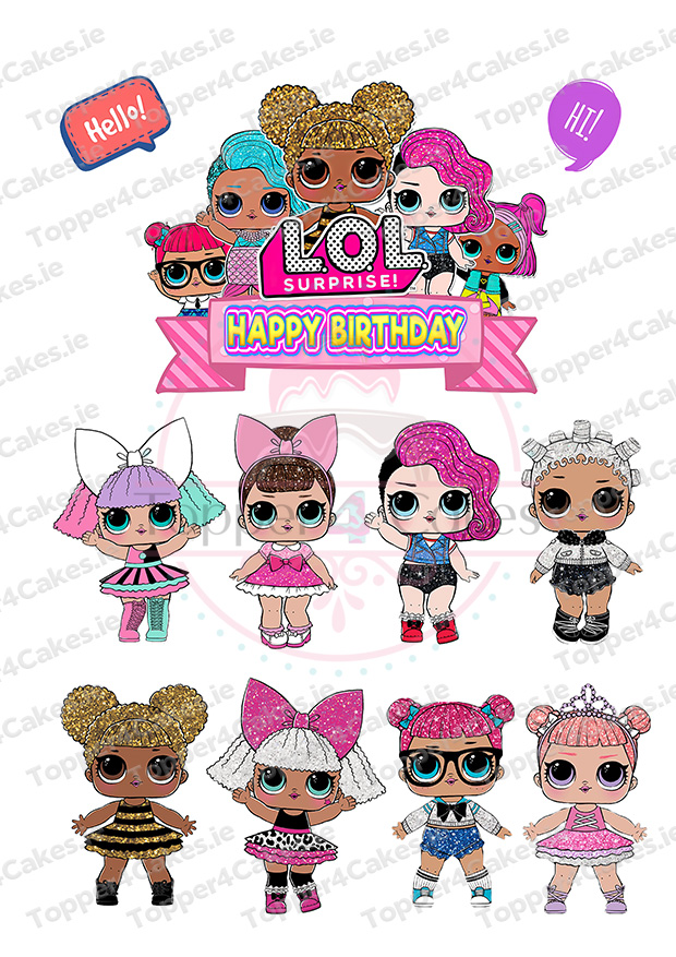 Bright illustration of L.O.L. Surprise! Dolls with big eyes, colorful outfits, a "Happy Birthday" banner, and speech bubbles—perfect for Edible LOL Cutout Toppers on a white background.