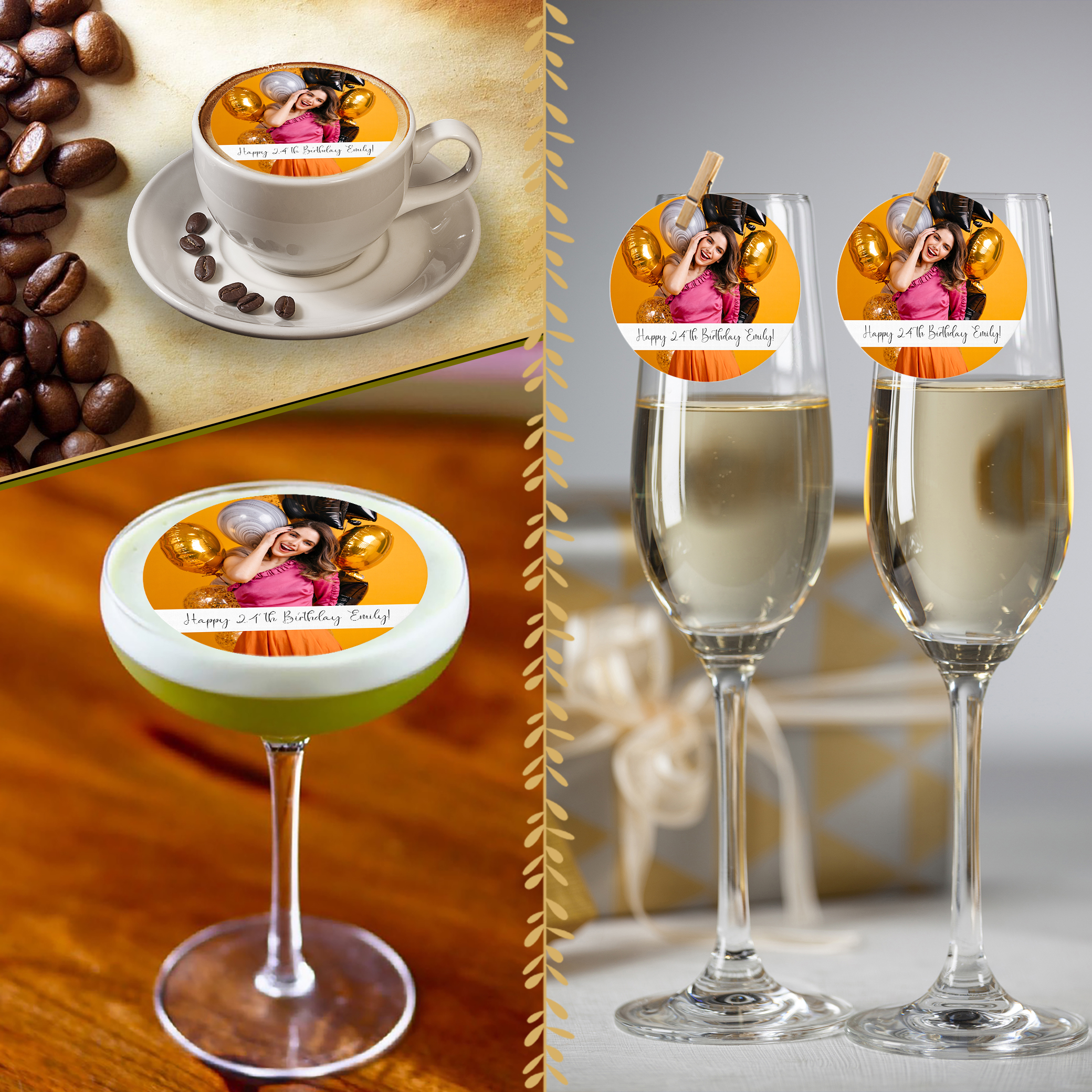 A coffee cup, a cocktail, and two champagne glasses are topped with Happy Birthday & Picture Edible Drinks Toppers featuring a woman’s photo, gold balloons, and the message “Happy 31st Birthday Judy!”.