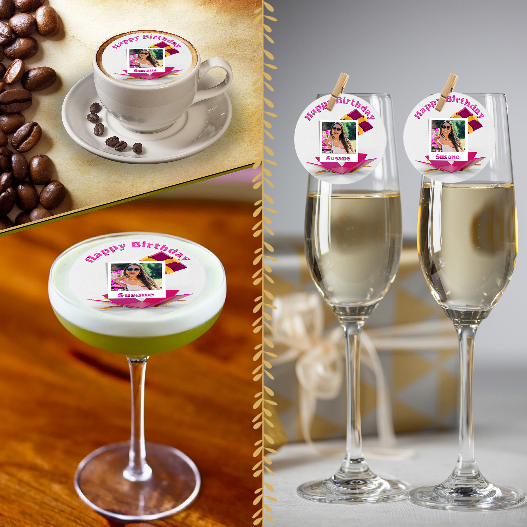 A collage displays drinks topped with Happy Birthday & Picture Edible Drinks Toppers featuring a woman’s photo and “Happy Birthday Susane” on cappuccino, green cocktail, and champagne in festive settings.