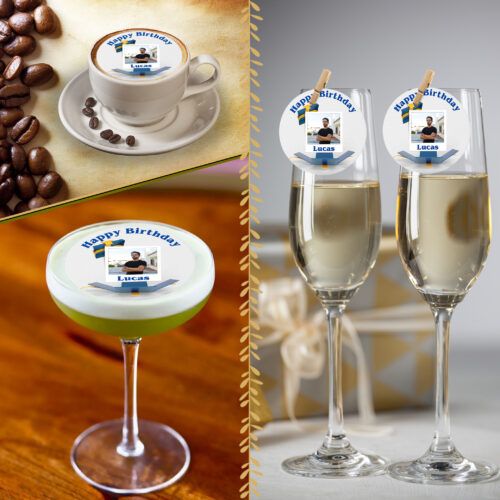 A collage displays a birthday photo on a cappuccino, green cocktail, and champagne glasses, each topped with Personalised Pink Surprise Box Birthday Edible Drink Toppers (Copy) featuring a child's photo. Coffee beans are near the cup.