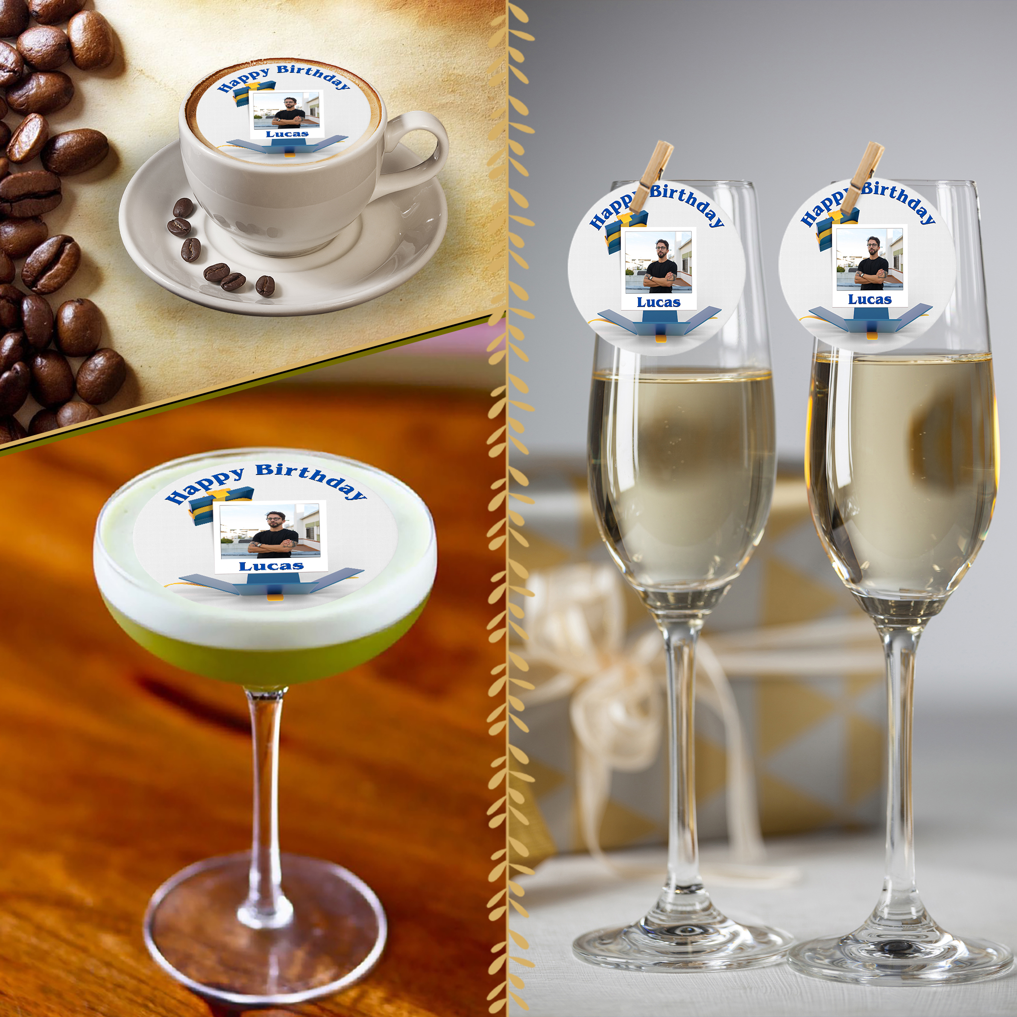 A collage displays a birthday photo on a cappuccino, green cocktail, and champagne glasses, each topped with Personalised Pink Surprise Box Birthday Edible Drink Toppers (Copy) featuring a child's photo. Coffee beans are near the cup.