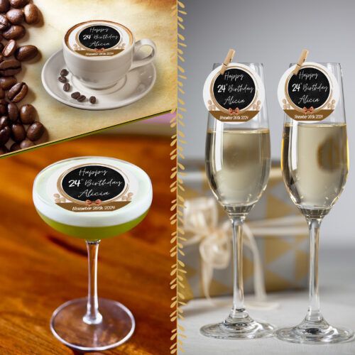 A collage features a cappuccino, cocktail, and two champagne glasses topped with Personalised Birthday Edible Drink Toppers (Copy) that say "Happy 24th Birthday Alicia, 26 November 2024," amid coffee beans and festive decor.