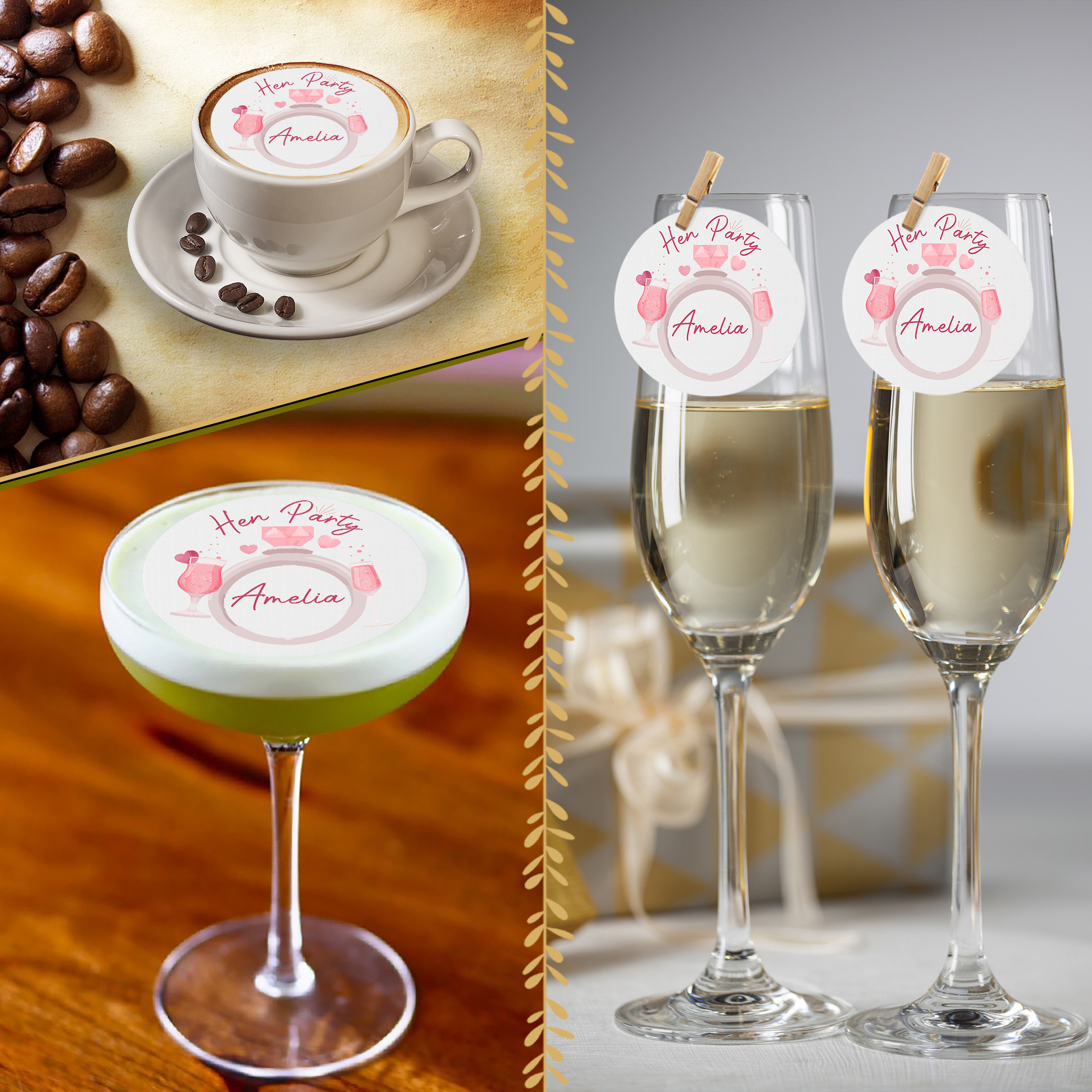 Three drinks with Hen Party Pink Edible Drinks Toppers (Copy) labelled "Hen Party Amelia": a cappuccino topped with coffee beans, a green cocktail, and two champagne glasses with toppers clipped to the rims.