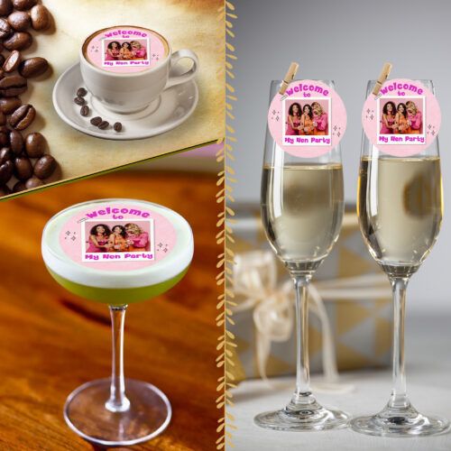 Four drinks—a coffee, a cocktail, and two champagne glasses—are topped with Hen Party Pink Edible Drinks Toppers (Copy) showing three smiling women and “Welcome to My Hen Party.” Coffee beans and a gift box are also visible.