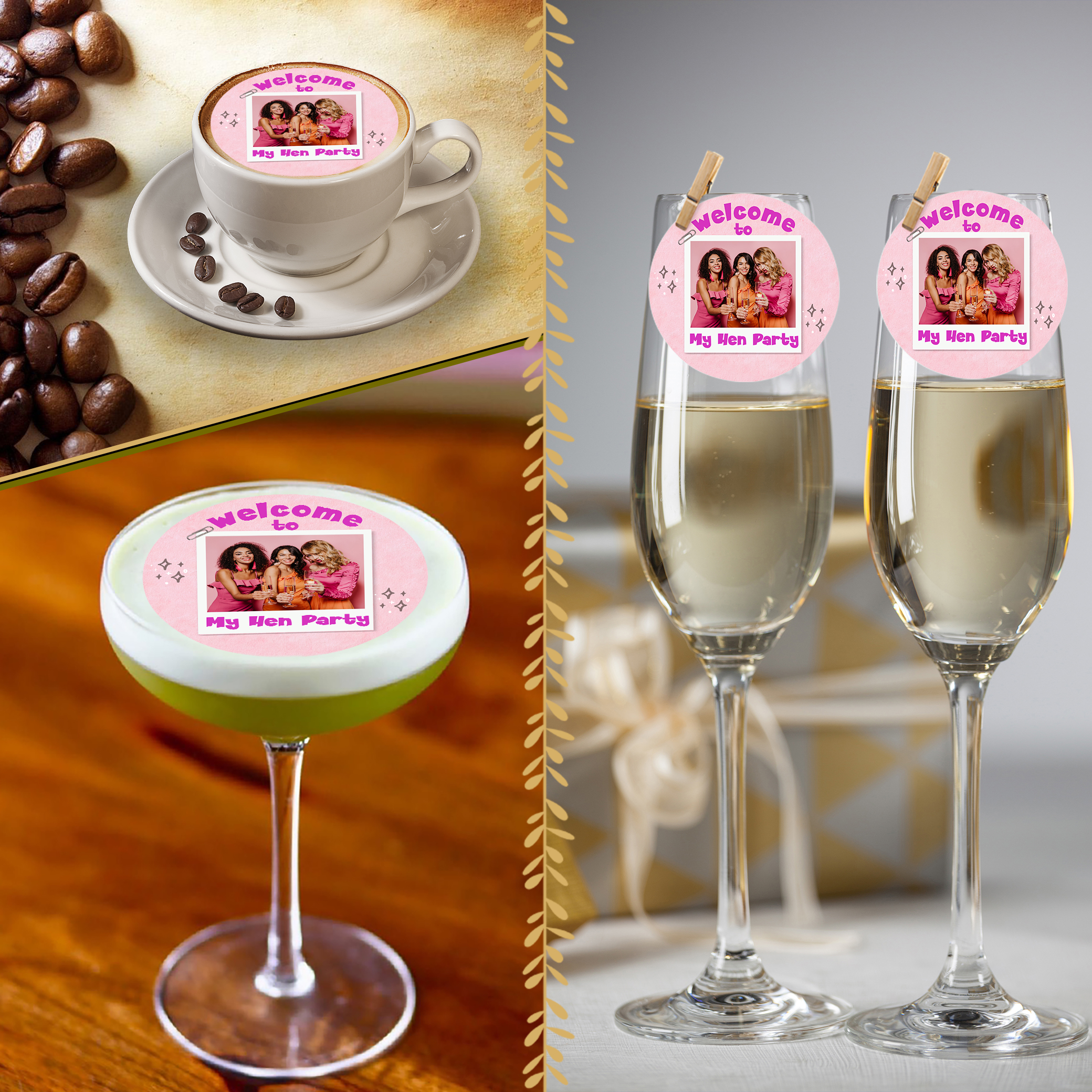 Four drinks—a coffee, a cocktail, and two champagne glasses—are topped with Hen Party Pink Edible Drinks Toppers (Copy) showing three smiling women and “Welcome to My Hen Party.” Coffee beans and a gift box are also visible.