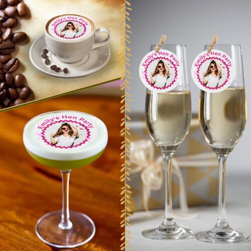 A split image displays drinks for a hen do: a cappuccino, green cocktail, and two champagne flutes, each decorated with Hen Party Pink Edible Drinks Toppers (Copy) personalised with “Emily’s Hen Do”.