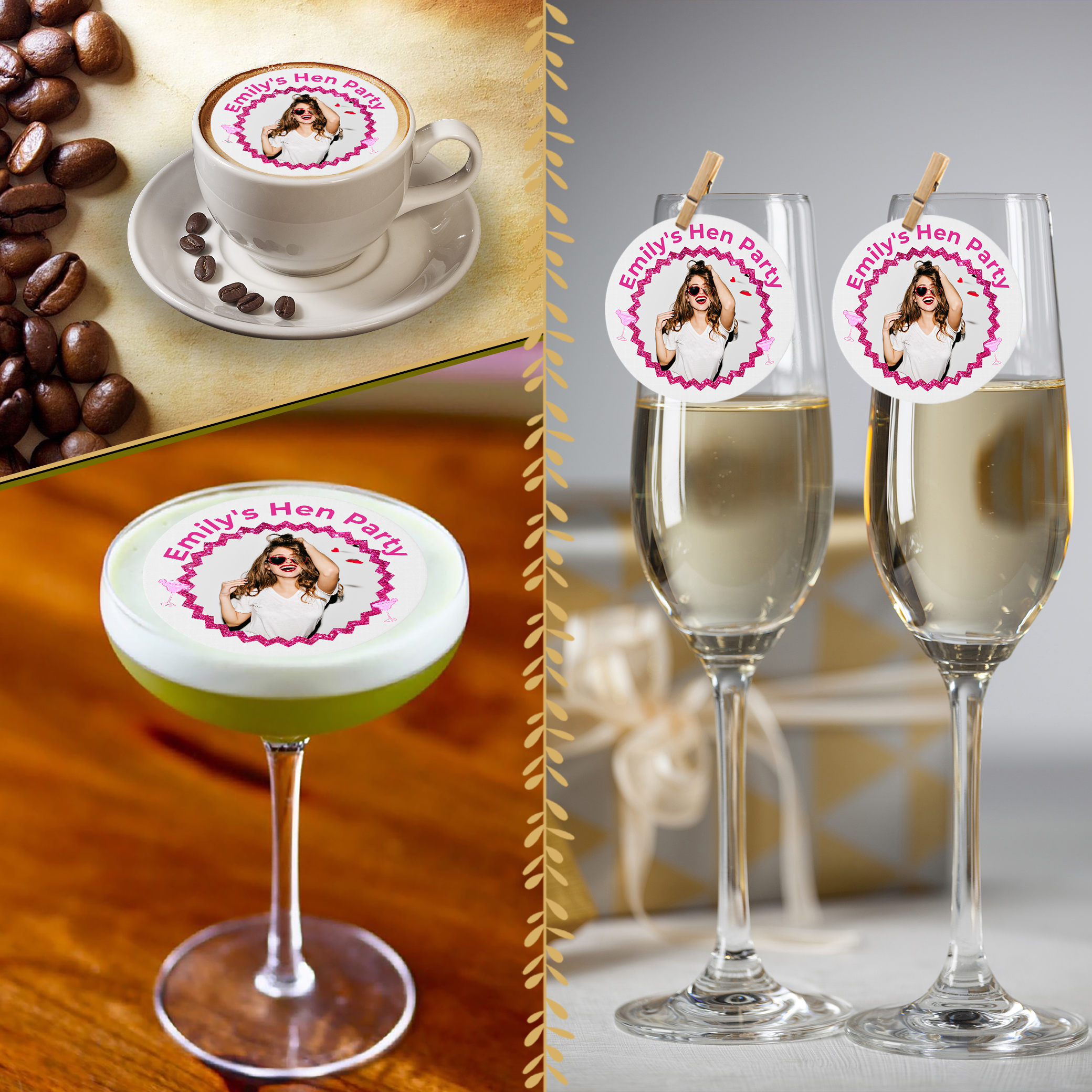 A split image displays drinks for a hen do: a cappuccino, green cocktail, and two champagne flutes, each decorated with Hen Party Pink Edible Drinks Toppers (Copy) personalised with “Emily’s Hen Do”.