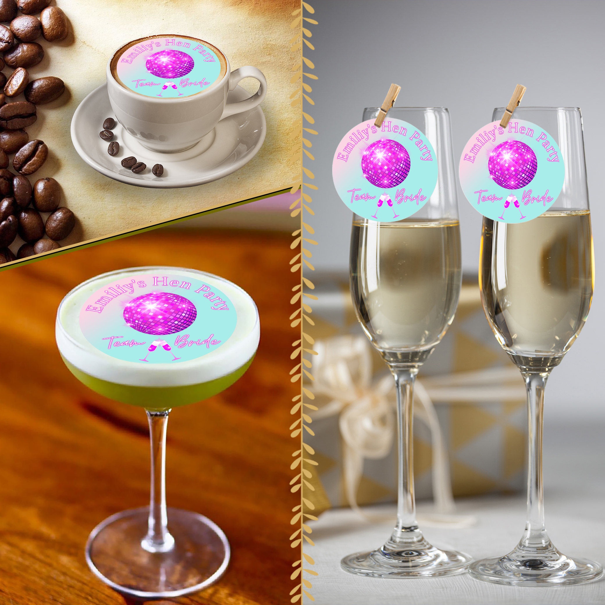 A collage features drinks with Hen Party Pink Edible Drinks Toppers (Copy): a cappuccino and cocktail with personalised toppers, plus champagne glasses with matching tags, all showing a pink disco ball and fun party text.
