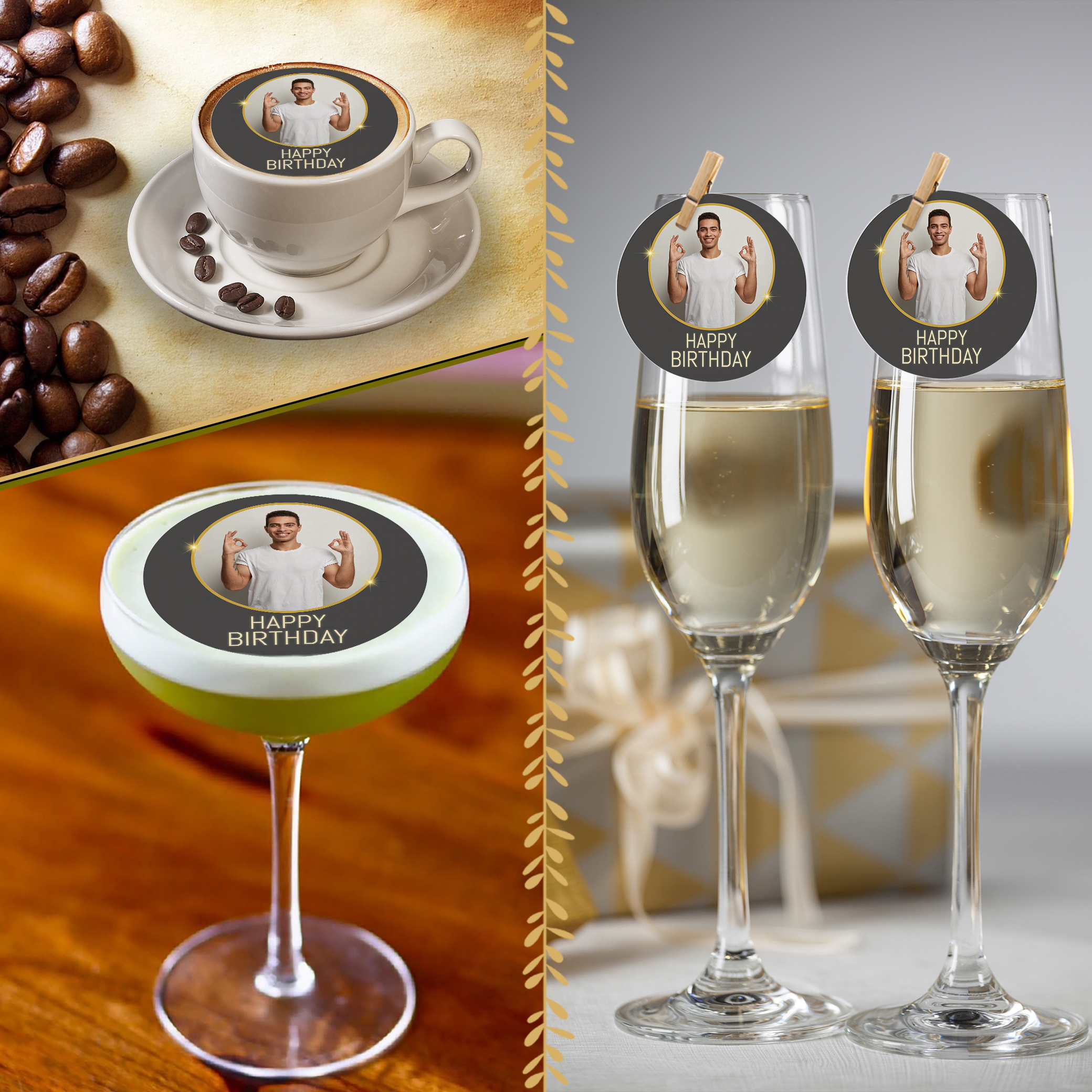 A collage displays drinks—a coffee, cocktail, and champagne glasses—each topped with Happy Birthday Edible Drinks Toppers (Copy): round edible images of a smiling man raising his hands with "HAPPY BIRTHDAY" text.