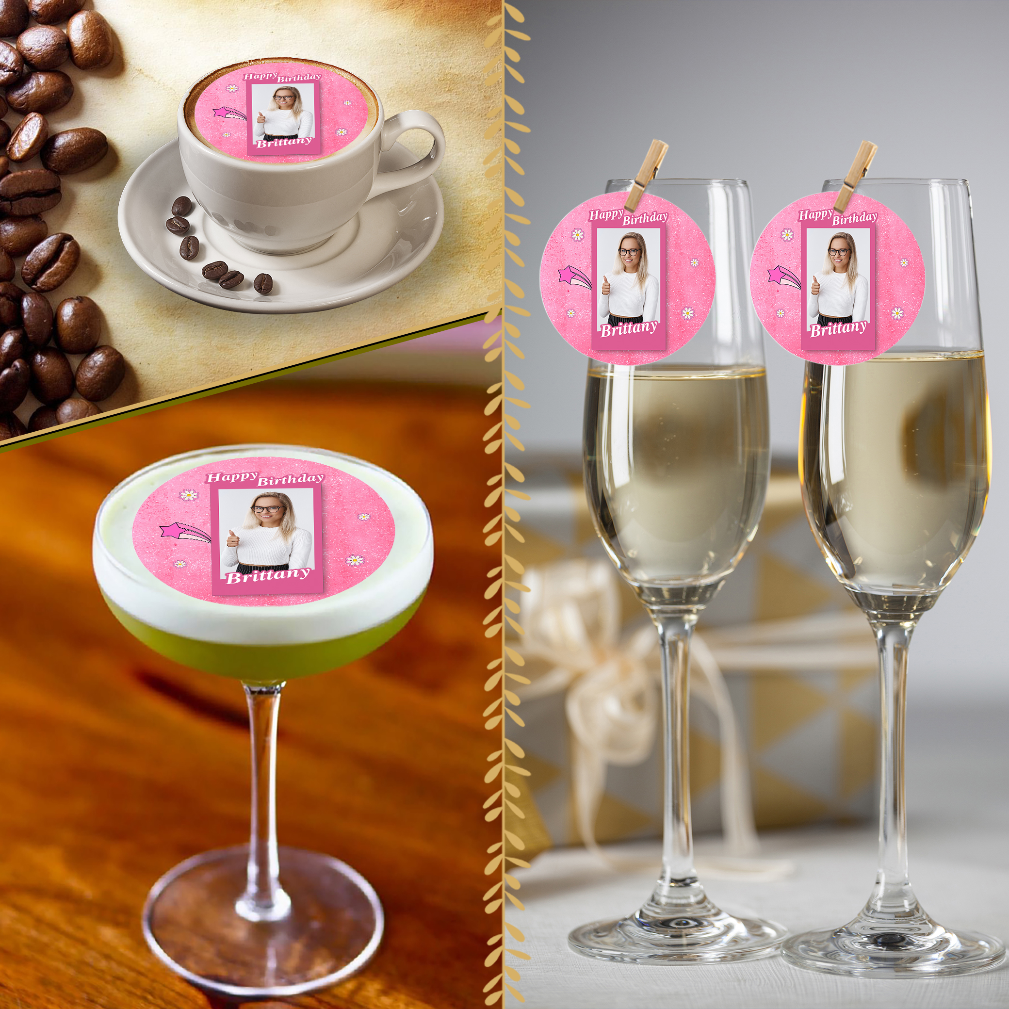 A collage shows festive drinks—a coffee, a cocktail, and two champagne glasses—each with Personalised Happy Birthday Drink Toppers (Copy) featuring a woman's photo clipped to the rim.