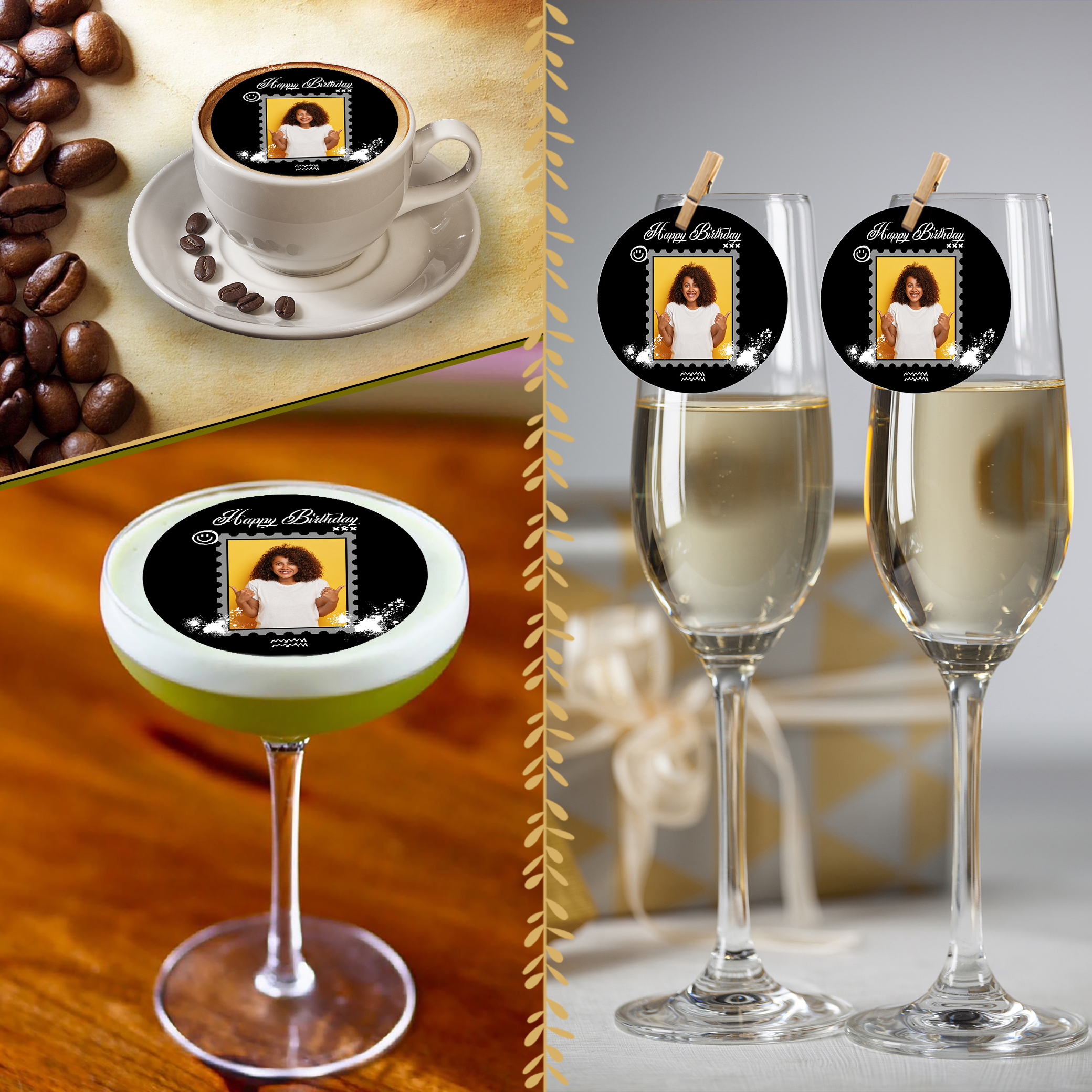 Three drinks—a coffee, a cocktail, and two champagnes—are topped with Personalised Happy Birthday Drink Toppers (Copy) featuring a woman’s portrait and white florals. Coffee beans and a gift box are set nearby.