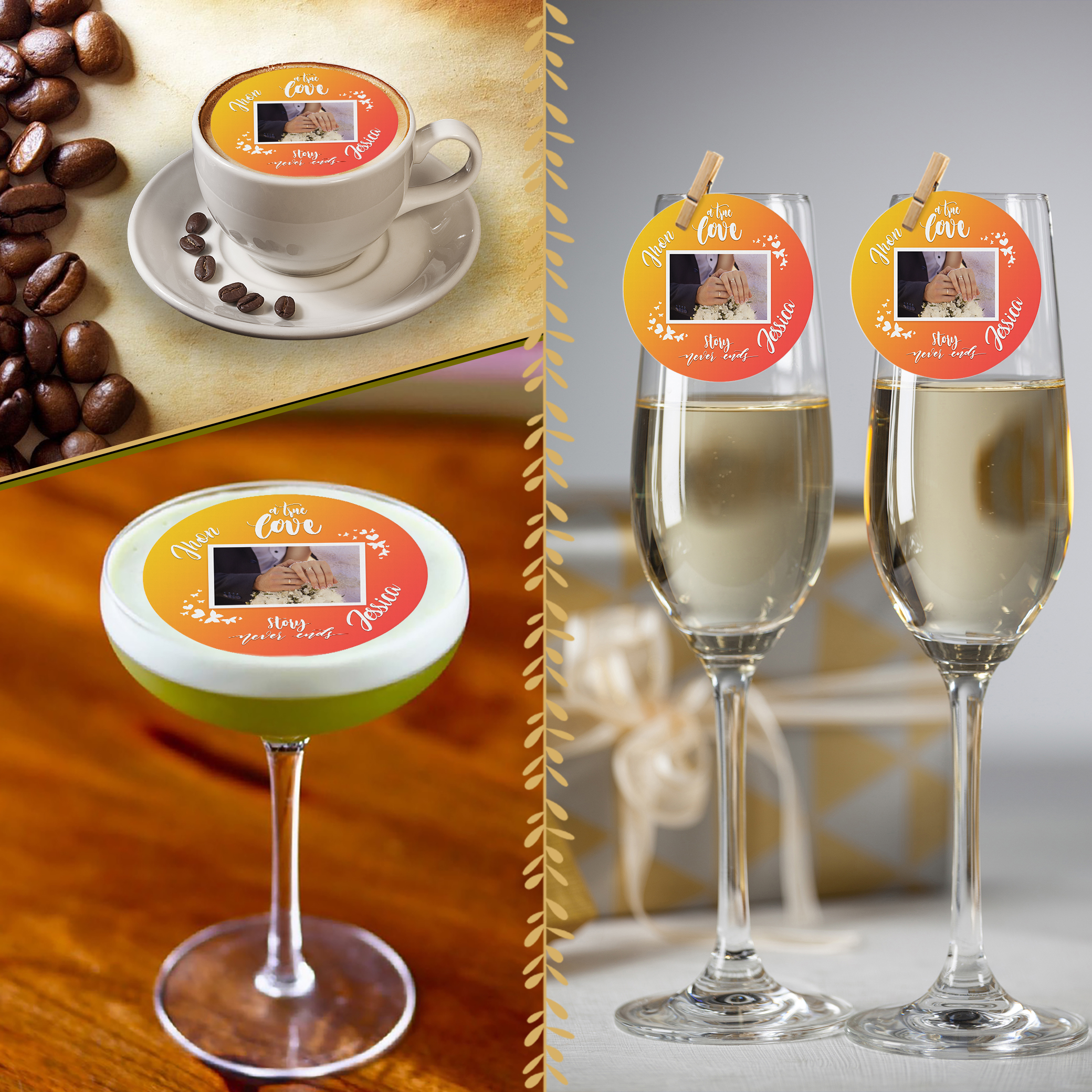 A collage features Wedding Edible Drinks Toppers (Copy) with Love text and a photo on a coffee cup, cocktail, and champagne glasses, surrounded by coffee beans and a wrapped gift box.