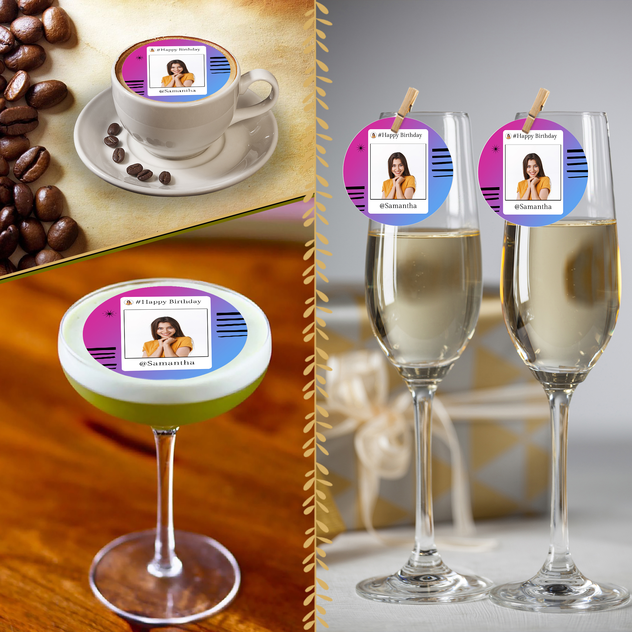 A collage displays a coffee cup, cocktail, and two champagne glasses, each topped with the Happy Birthday Edible Drink Topper with Photo Frame featuring a woman’s photo, name, and colourful birthday-themed designs.