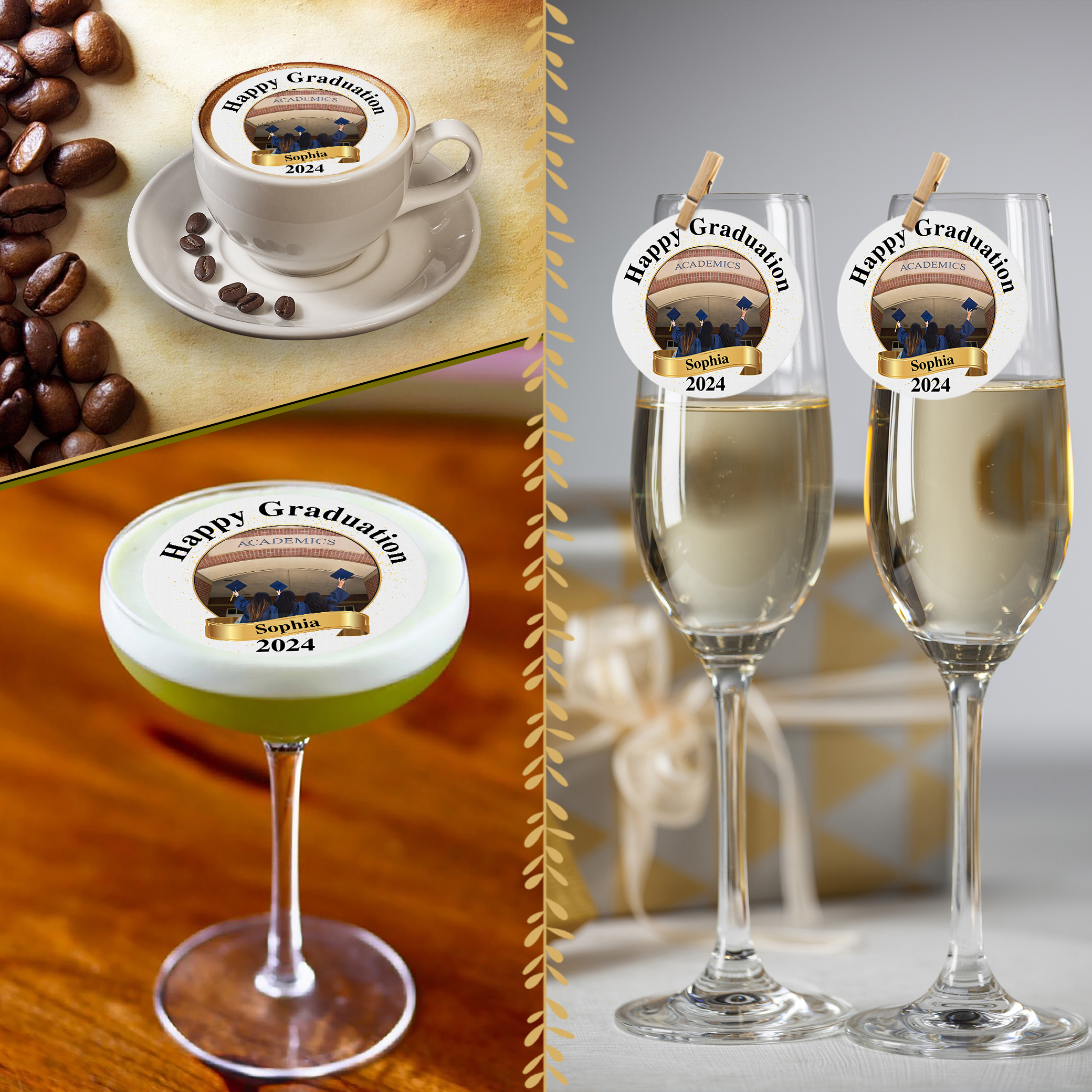 A collage shows a coffee cup, cocktail, and two champagne glasses, each with a “Happy Graduation Sophia 2024” edible topper—similar to the Happy Birthday Edible Drink Topper with Photo Frame (Copy) product.